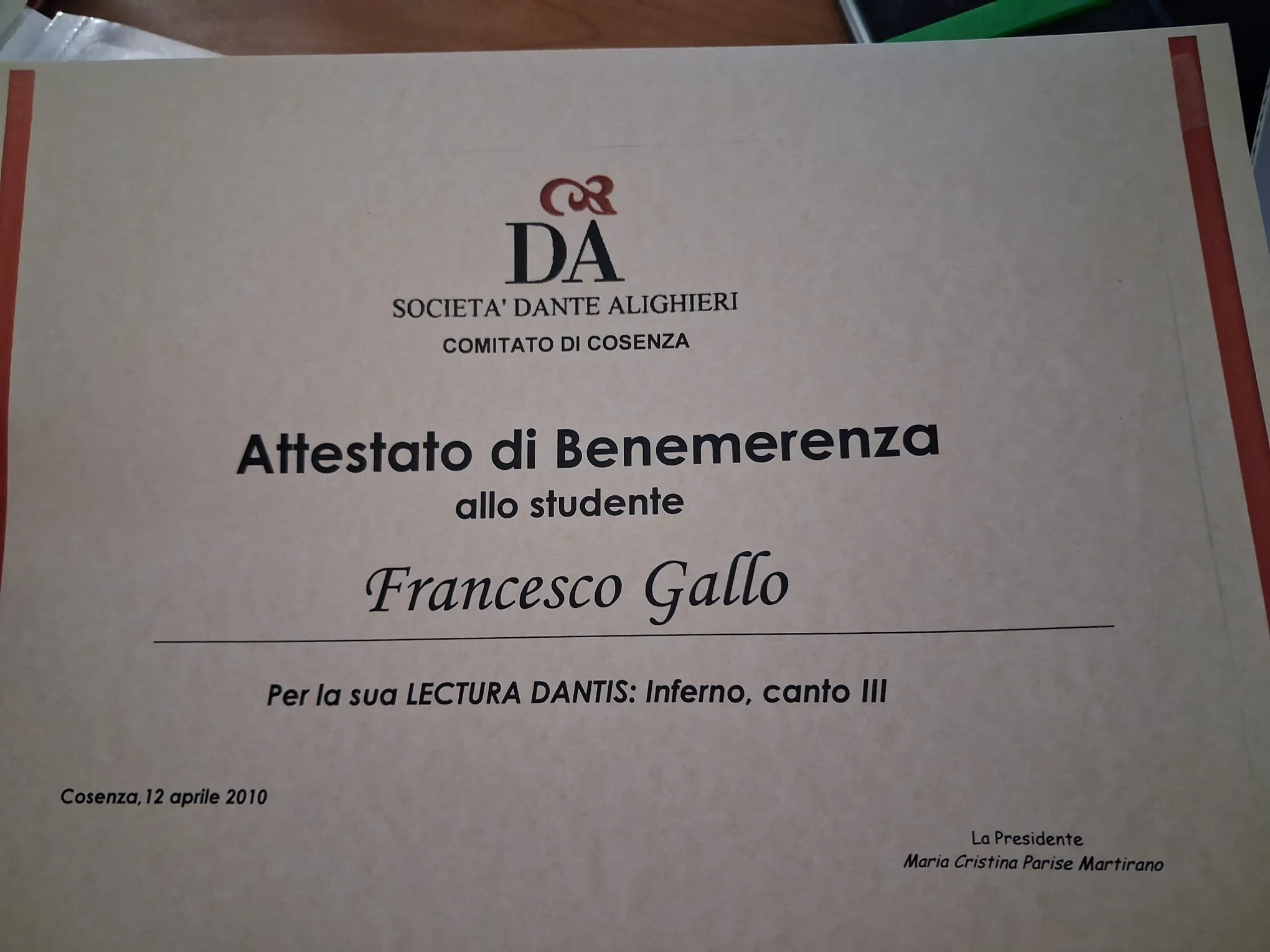 Attestato sulla Lectura Dantis